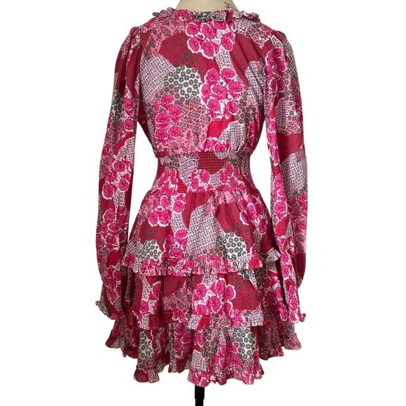 Peixoto $268 ruby smocked mini dress tiered ruffle pink red Anthropologie sz S - Picture 3 of 10